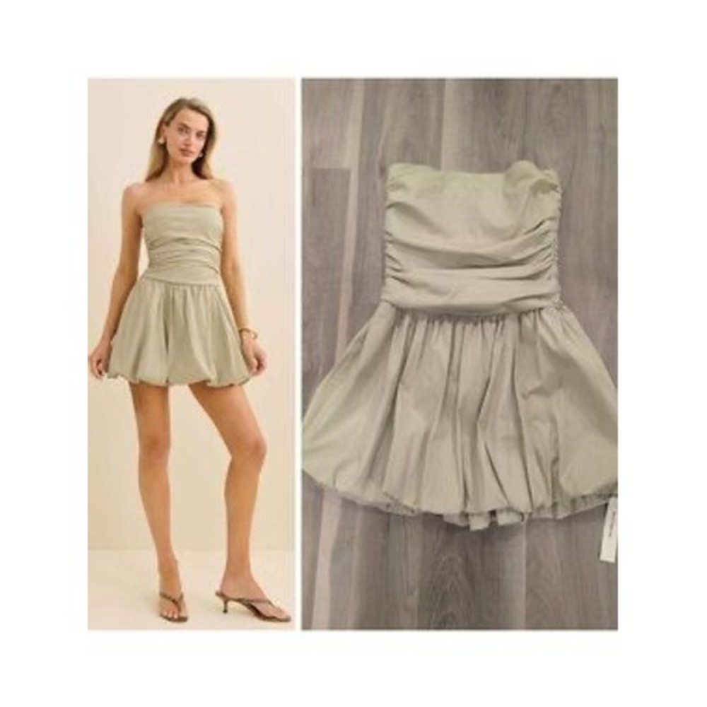 Reformation Clea Dress Dried Herbs Sage Green Ruched Strapless Bubble Hem Mini 8